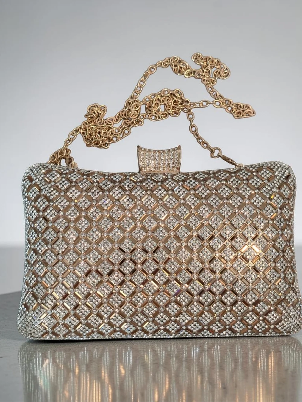 Vintage Rhinestone Crystal Evening Clutch Gold Chain Glam Cocktail Bag